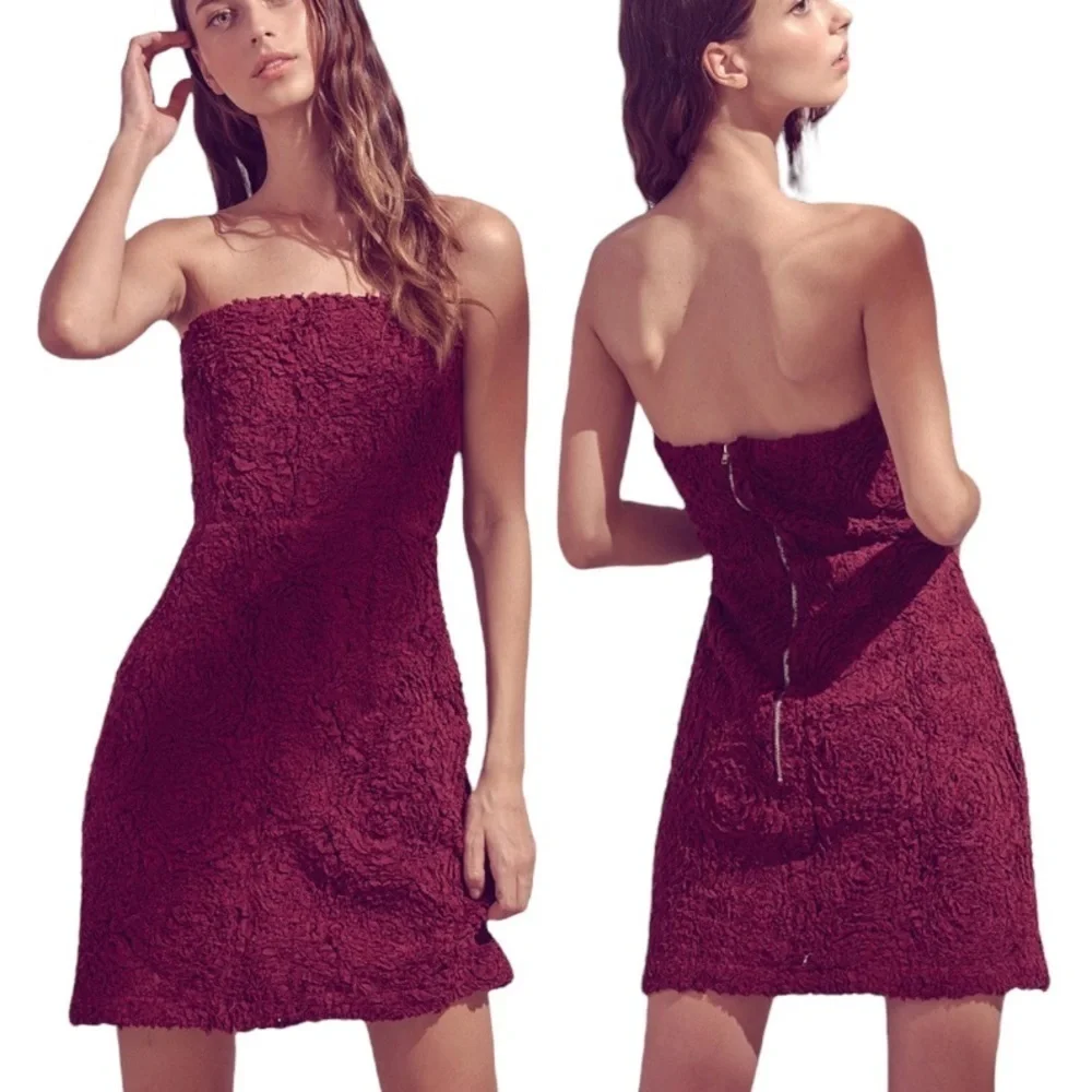 Storia Textured Floral Mini Dress Strapless Bodycon Maroon L - Picture 12 of 17